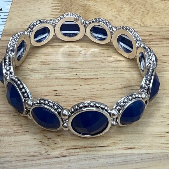 Napier Silver-Tone Stretch Bracelet With Faceted Blue Cabochon Accents - Picture 6 of 9